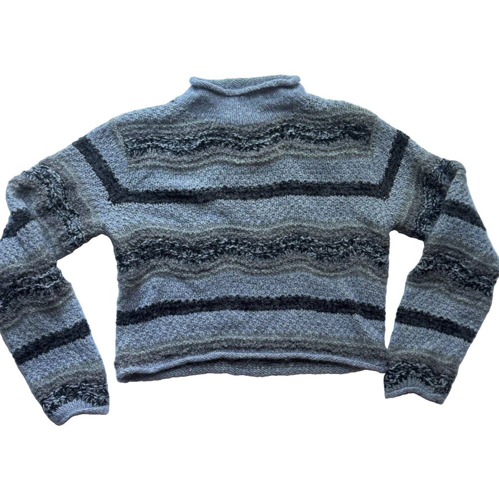 Limited Handknit Gray Stripe Mock Neck Sweater Women M Wool Blend Vintage Cozy